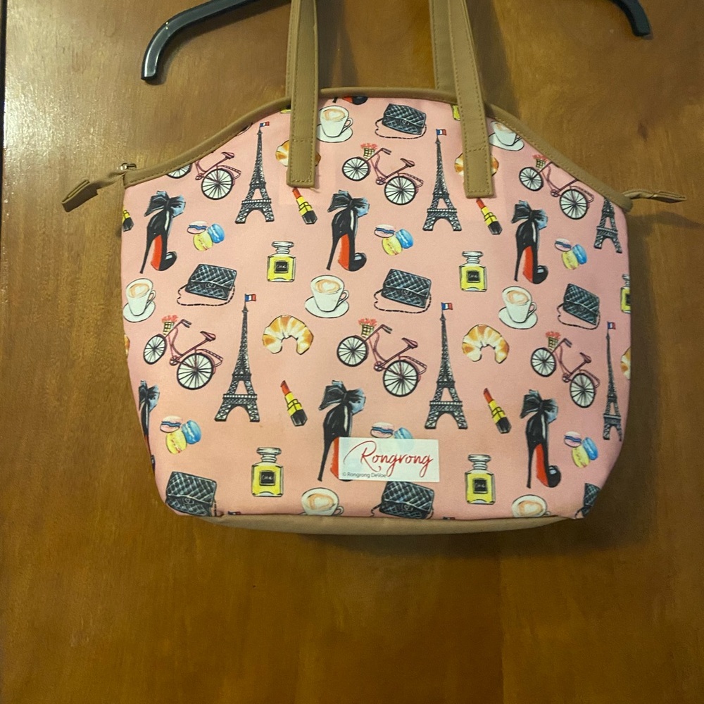 Pink Paris Print Tote Bag with Tan Handles